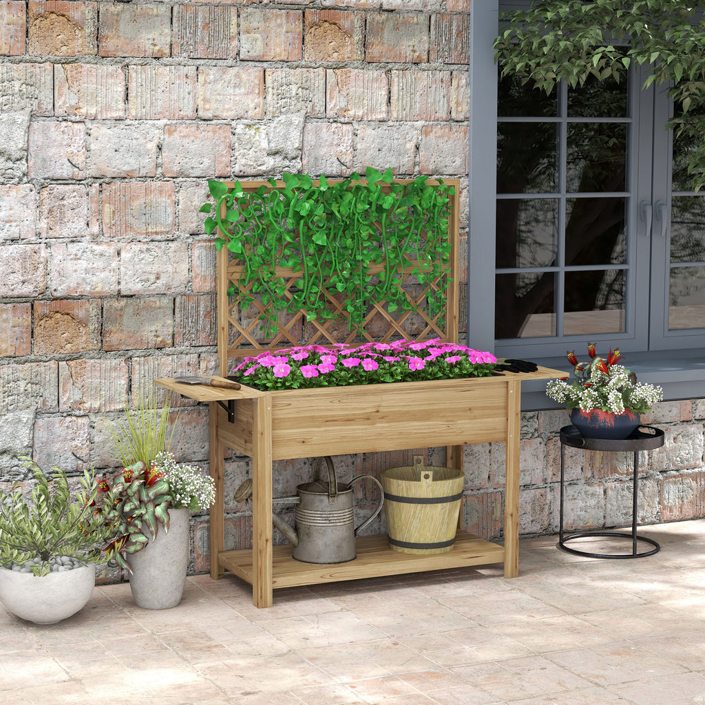 Jardinière rectangulaire sur pieds avec treillis 2 tablettes latérales rabattables 1 étagère inférieure bois-9