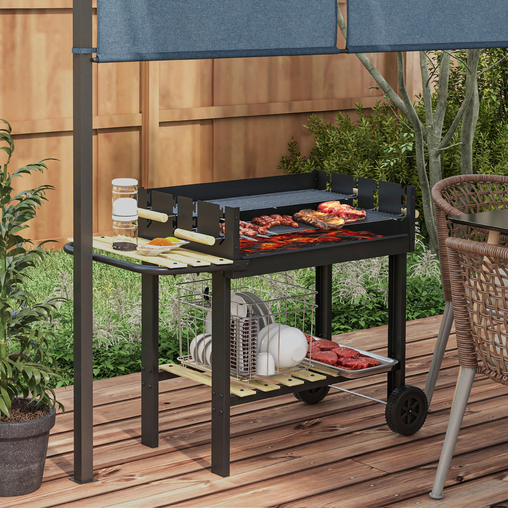 Barbecue à charbon BBQ grill sur pied avec double gril réglable 2 roues et 2 étagères dim. 113L x 53,5l x 82,5H cm noir-1