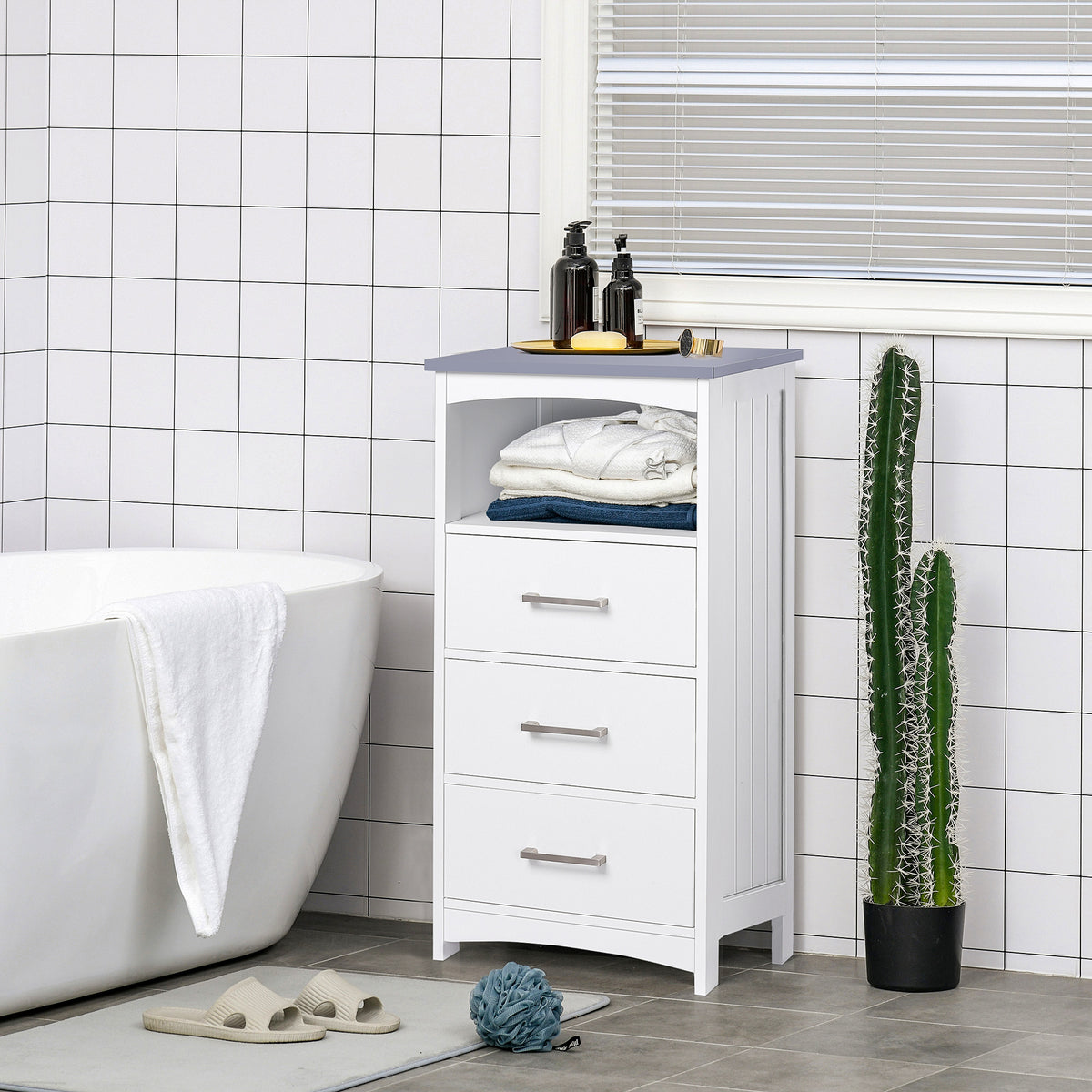Meuble de salle de bain sur pied meuble de rangement avec 3 tiroirs et 1 niche 40 x 33 x 80 cm blanc-9