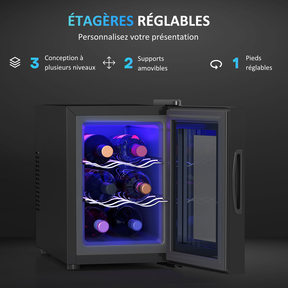 Cave à vin 6 bouteilles 17L haute performance température réglable 8-18° avec lumière LED panneau contrôle tactile noir-5