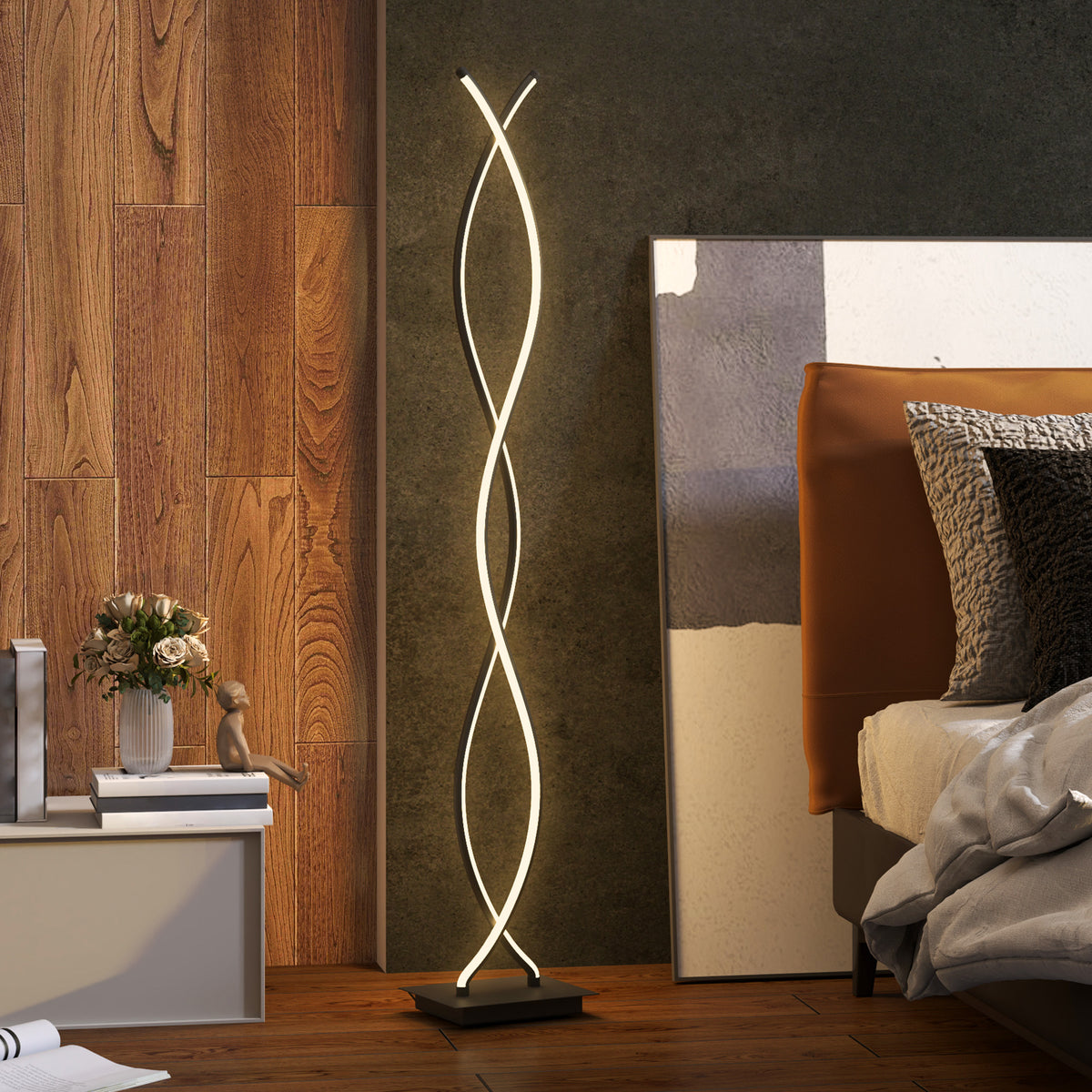 Lampadaire sur pied salon, lampe salon 3 niveaux de luminosité réglables à double spirale avec interrupteur à pied, noir-9