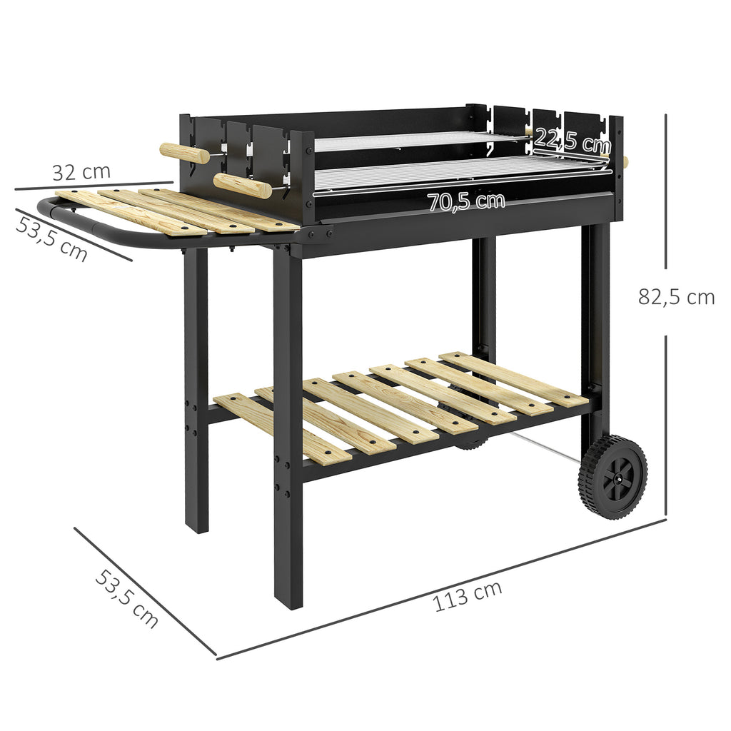Barbecue à charbon BBQ grill sur pied avec double gril réglable 2 roues et 2 étagères dim. 113L x 53,5l x 82,5H cm noir-2