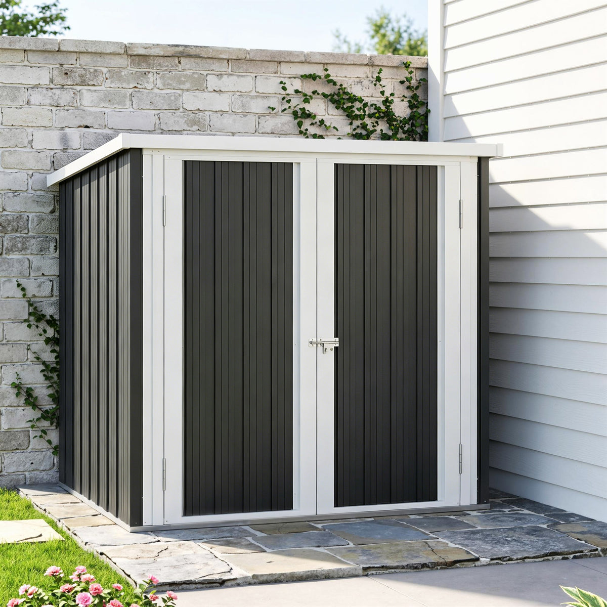 Abri de Jardin - cabane de jardin 1,09 m² - cabanon rangement outils 2 Portes verrouillables - dim. 147L x 86l x 134H cm - tôle d'acier Noir Blanc-8