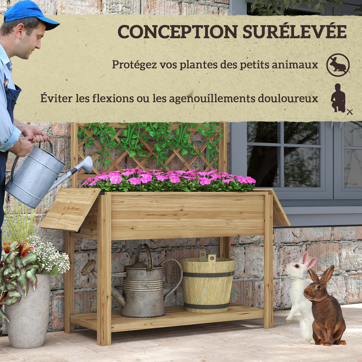 Jardinière rectangulaire sur pieds avec treillis 2 tablettes latérales rabattables 1 étagère inférieure bois-6