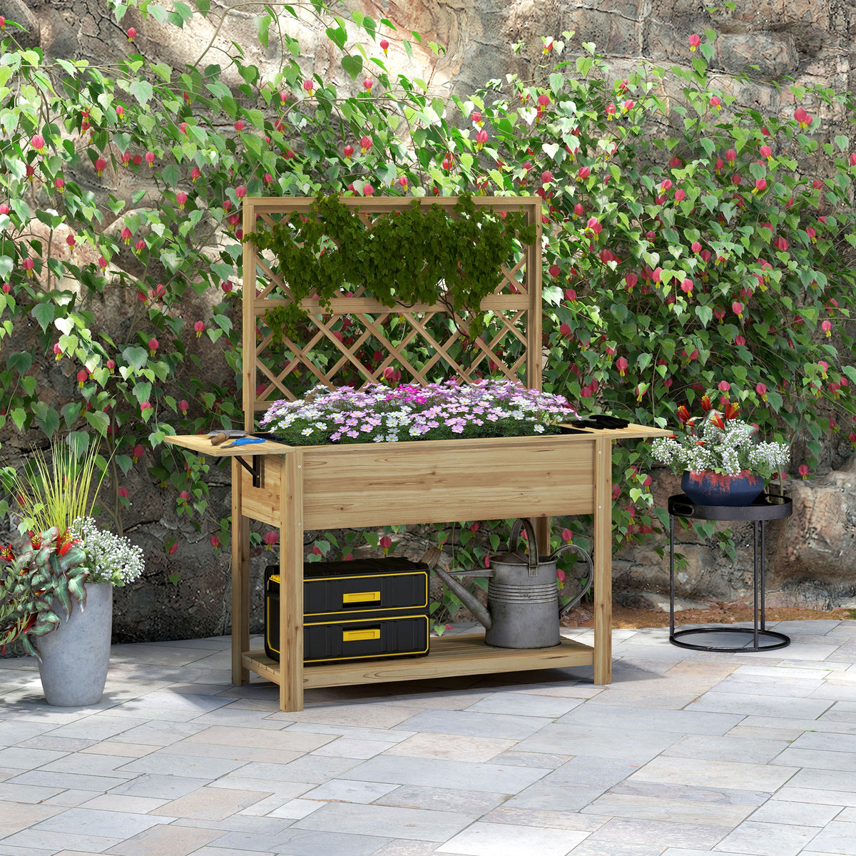 Jardinière rectangulaire sur pieds avec treillis 2 tablettes latérales rabattables 1 étagère inférieure bois-1
