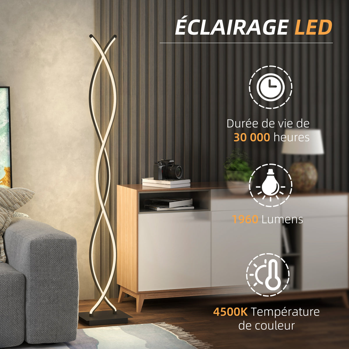 Lampadaire sur pied salon, lampe salon 3 niveaux de luminosité réglables à double spirale avec interrupteur à pied, noir-5