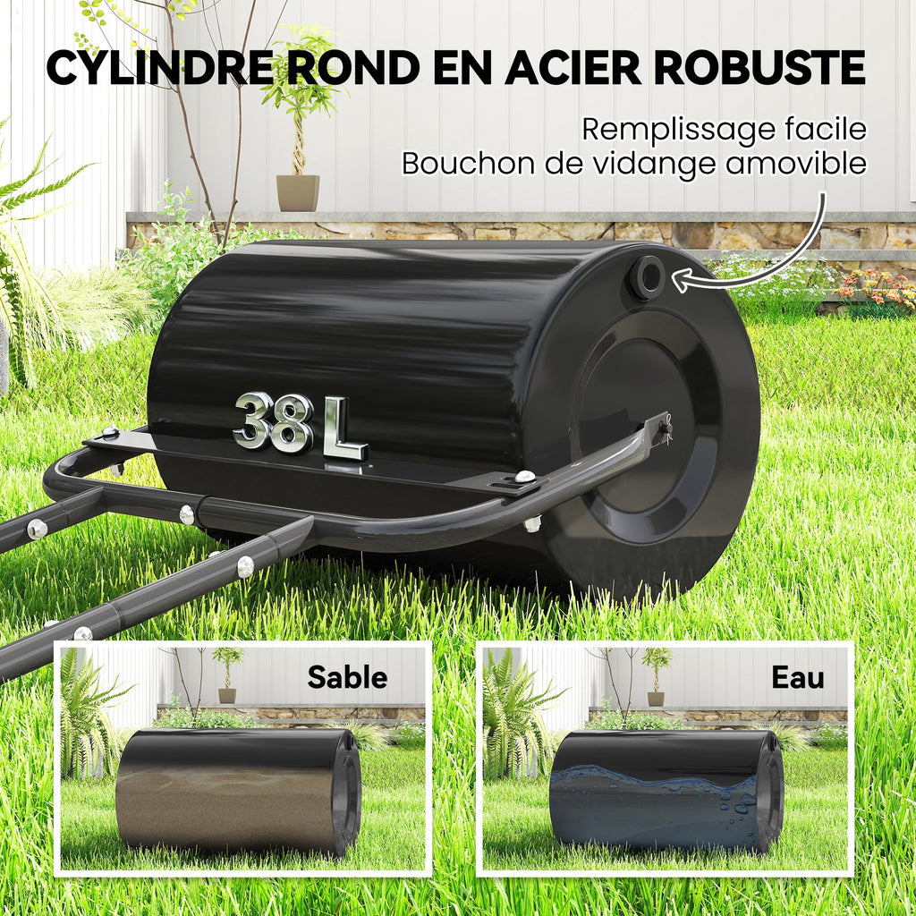 Rouleau à gazon rouleau de jardin 50 cm, remplissage sable eau, poignée ergonomique, 58 x 32,5 x 113 cm, noir-3