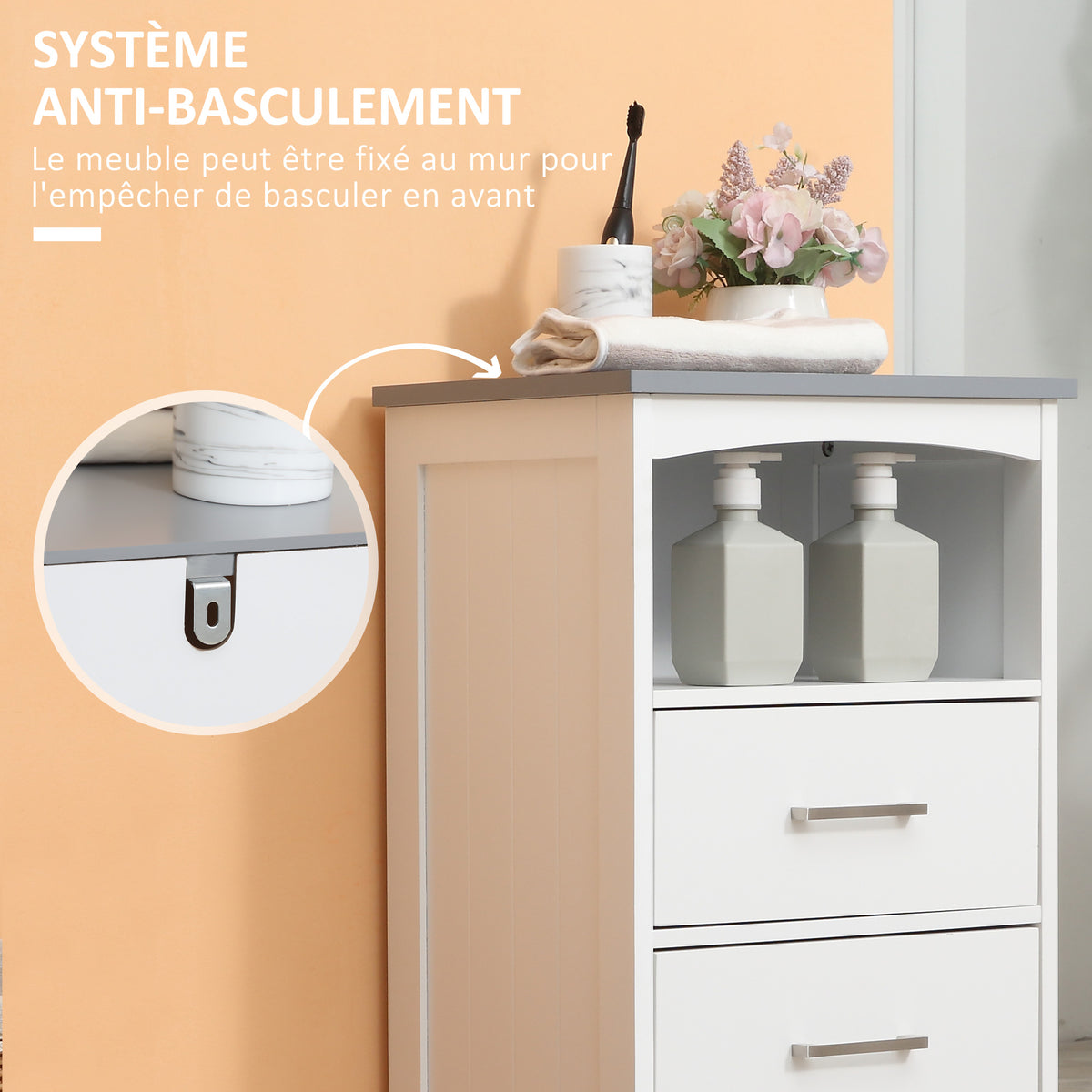 Meuble de salle de bain sur pied meuble de rangement avec 3 tiroirs et 1 niche 40 x 33 x 80 cm blanc-5