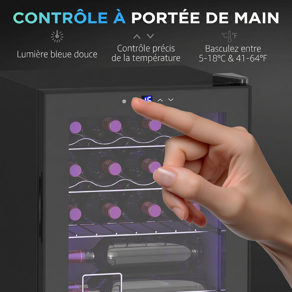 Cave à vin 16 bouteilles 42L, réfrigérateur à vin et boissons avec température réglable 5-18°C, porte en verre, noir-6