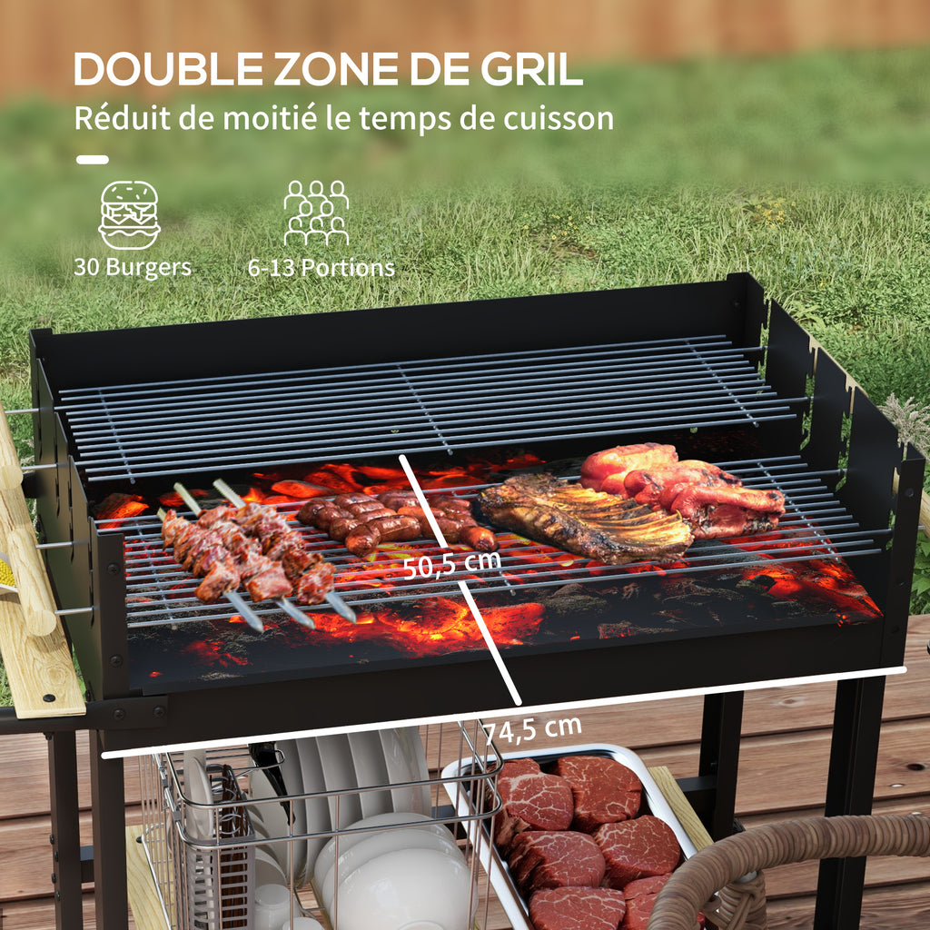 Barbecue à charbon BBQ grill sur pied avec double gril réglable 2 roues et 2 étagères dim. 113L x 53,5l x 82,5H cm noir-3