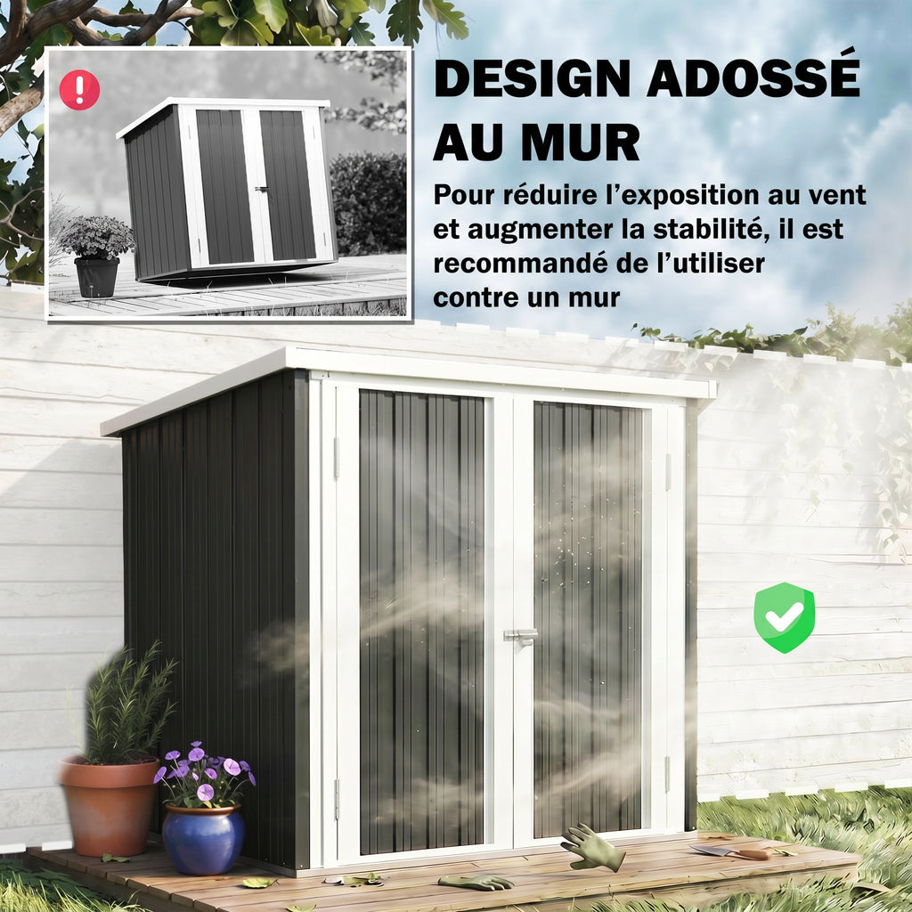 Abri de Jardin - cabane de jardin 1,09 m² - cabanon rangement outils 2 Portes verrouillables - dim. 147L x 86l x 134H cm - tôle d'acier Noir Blanc-5