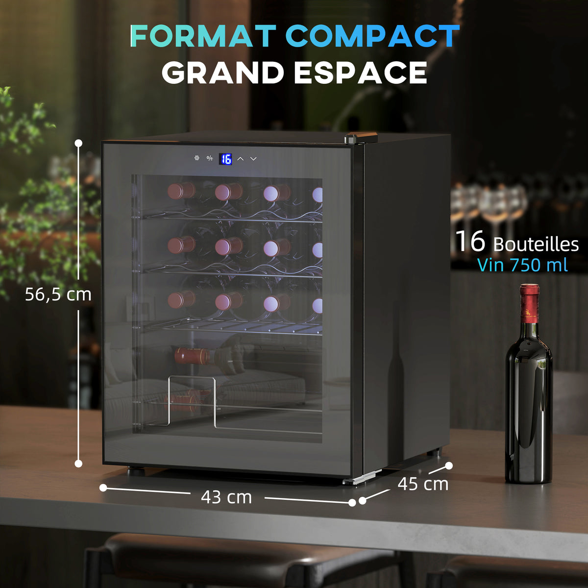 Cave à vin 16 bouteilles 42L, réfrigérateur à vin et boissons avec température réglable 5-18°C, porte en verre, noir-2