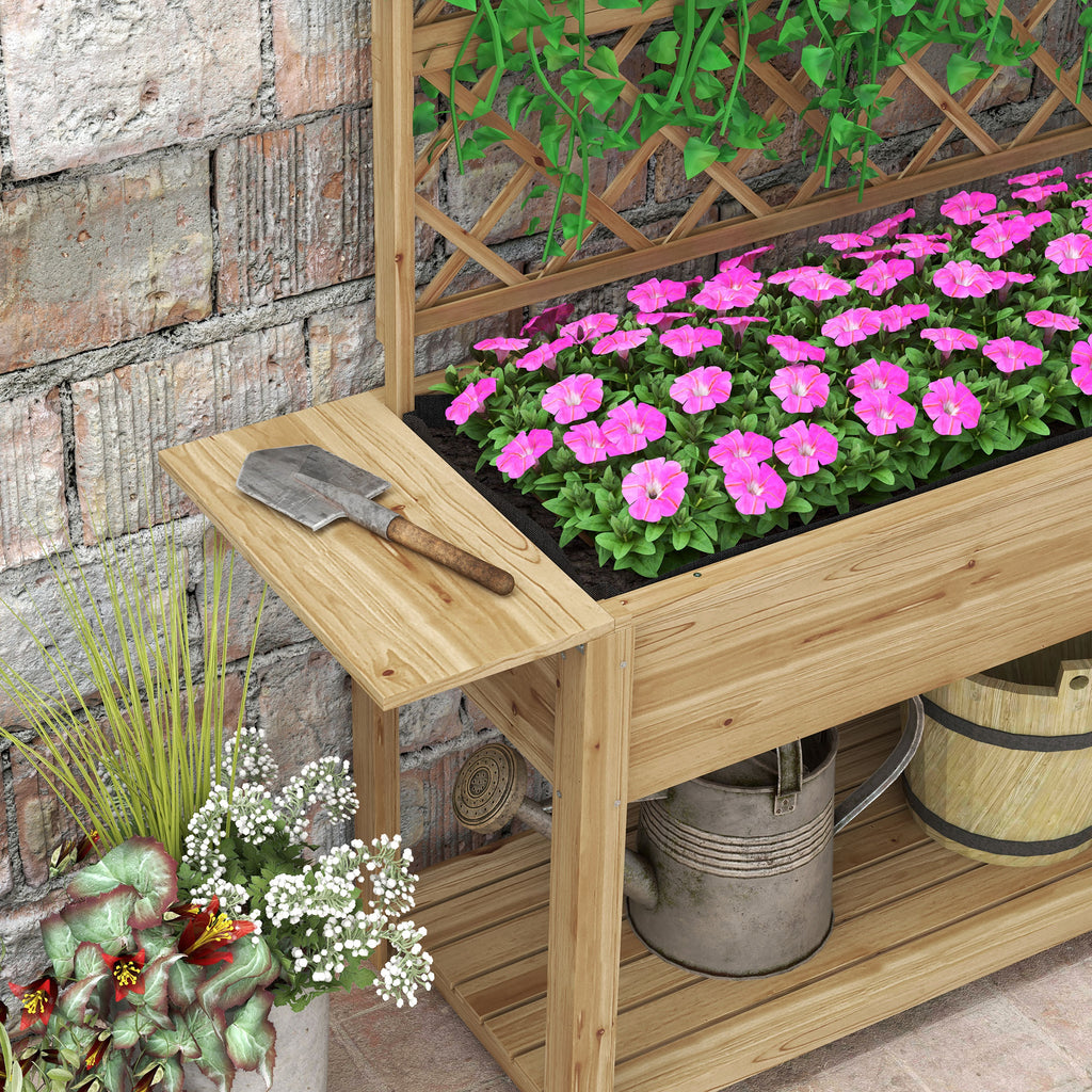 Jardinière rectangulaire sur pieds avec treillis 2 tablettes latérales rabattables 1 étagère inférieure bois-7