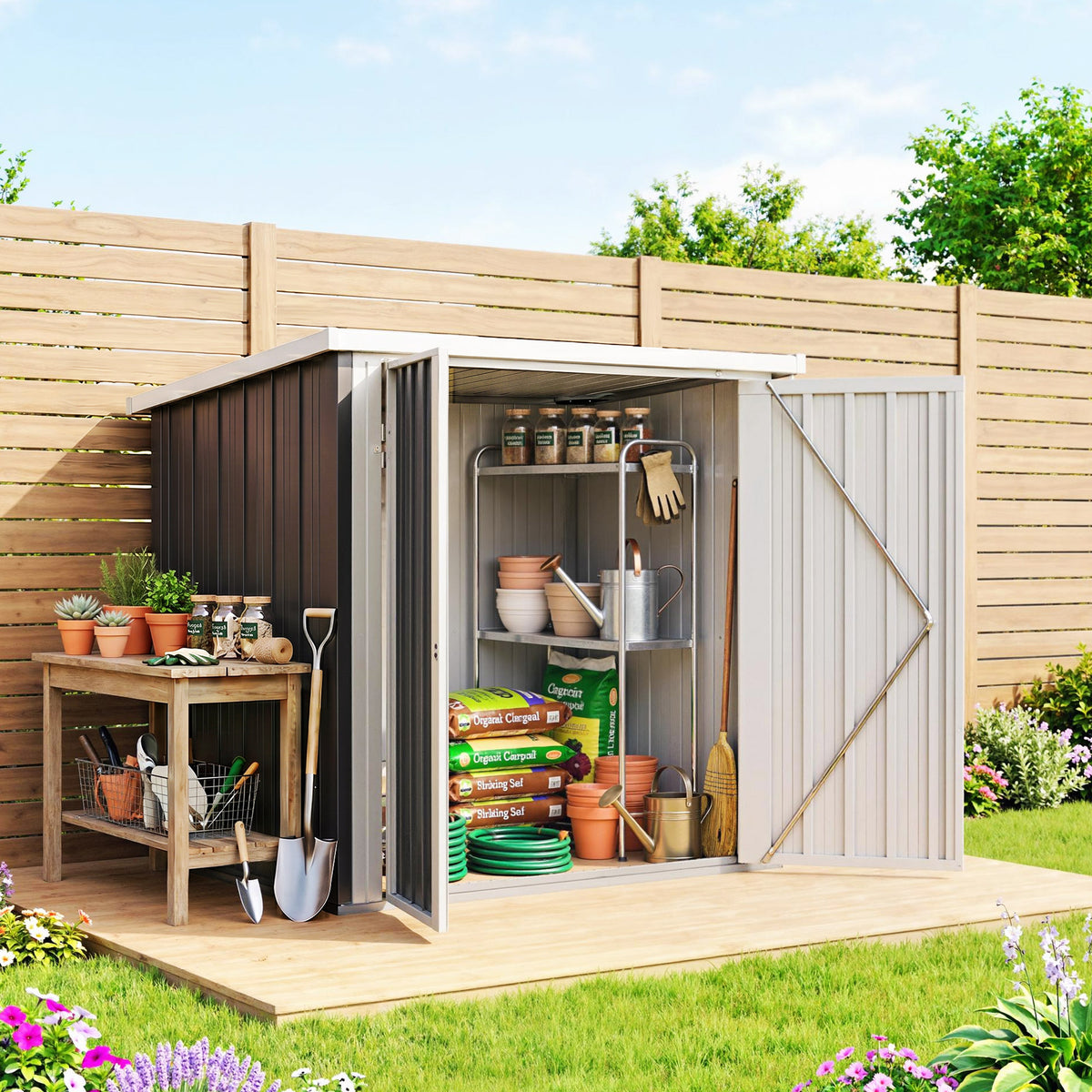 Abri de Jardin - cabane de jardin 1,09 m² - cabanon rangement outils 2 Portes verrouillables - dim. 147L x 86l x 134H cm - tôle d'acier Noir Blanc-9