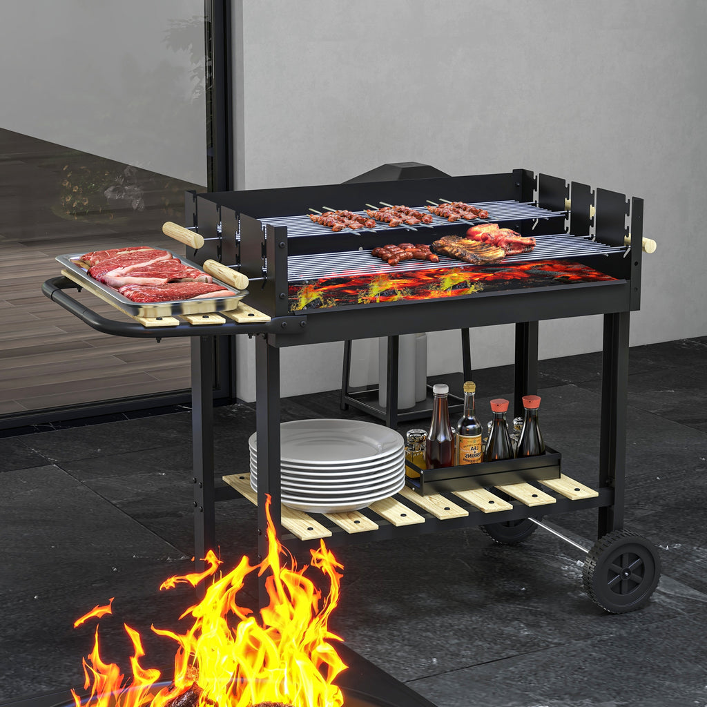 Barbecue à charbon BBQ grill sur pied avec double gril réglable 2 roues et 2 étagères dim. 113L x 53,5l x 82,5H cm noir-9