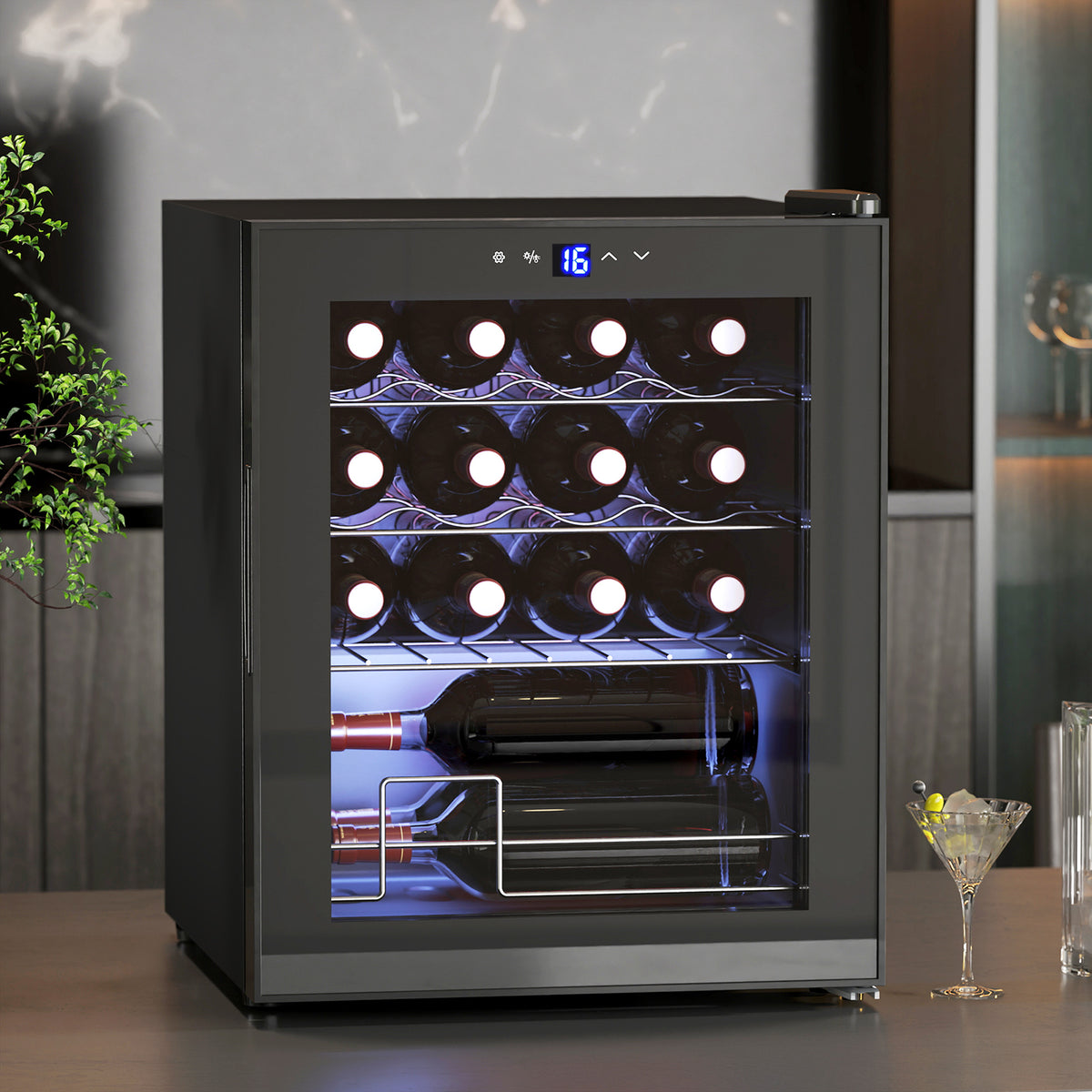 Cave à vin 16 bouteilles 42L, réfrigérateur à vin et boissons avec température réglable 5-18°C, porte en verre, noir-9