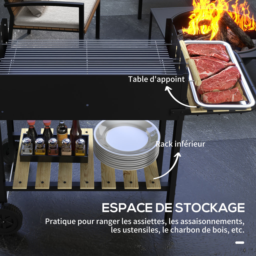 Barbecue à charbon BBQ grill sur pied avec double gril réglable 2 roues et 2 étagères dim. 113L x 53,5l x 82,5H cm noir-5
