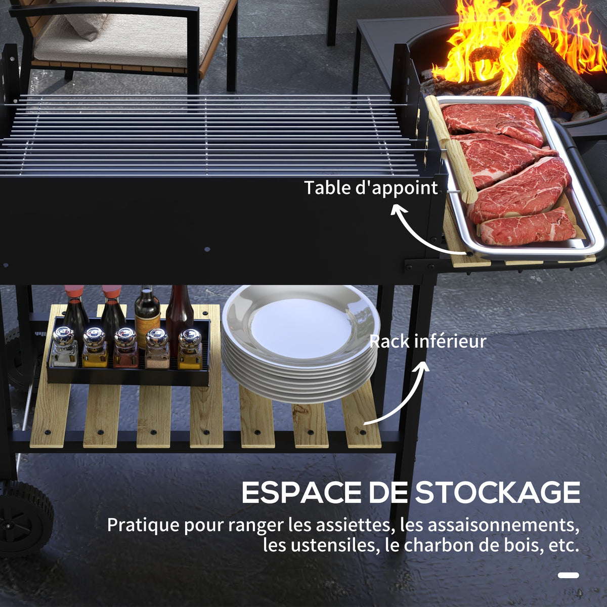 Barbecue à charbon BBQ grill sur pied avec double gril réglable 2 roues et 2 étagères dim. 113L x 53,5l x 82,5H cm noir-5