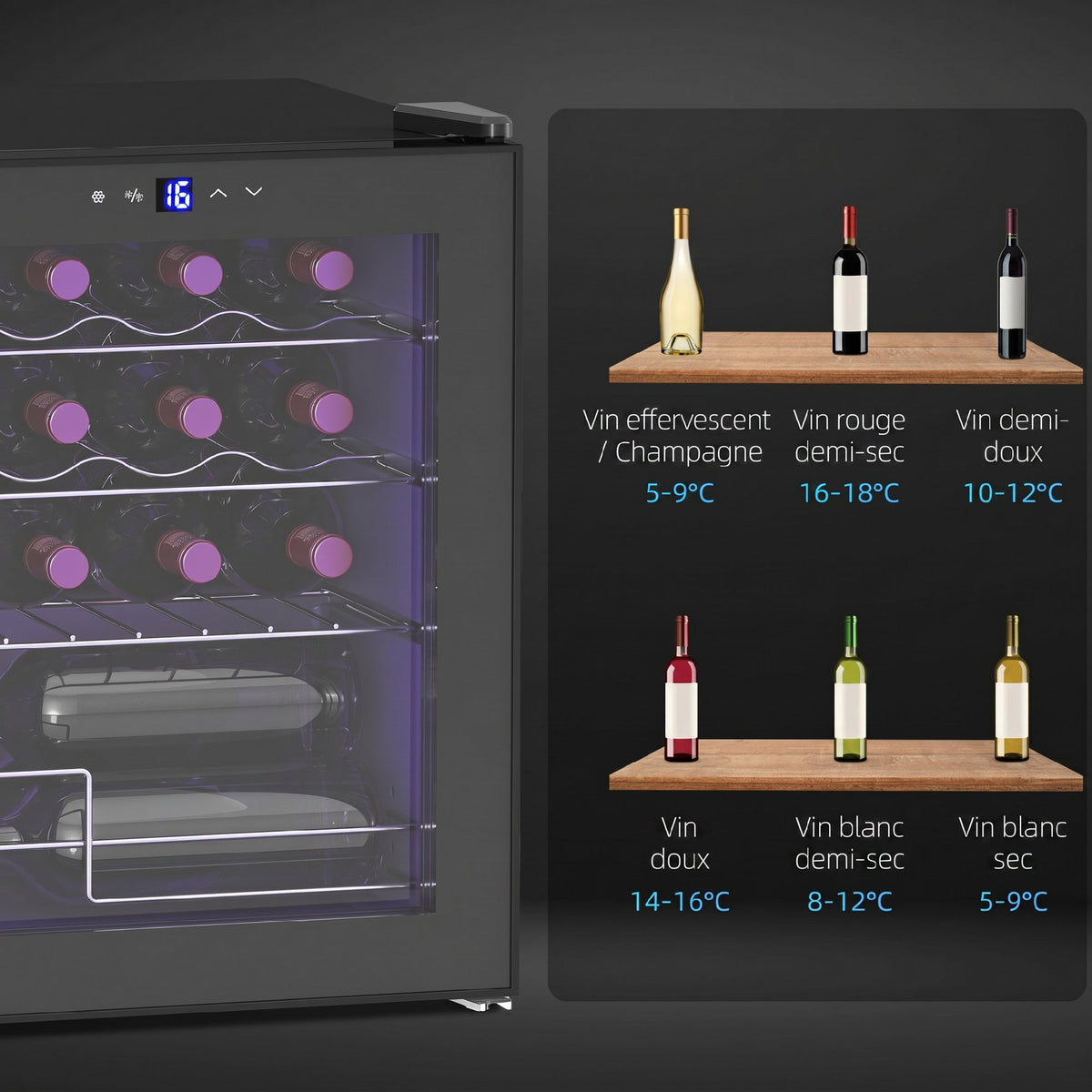 Cave à vin 16 bouteilles 42L, réfrigérateur à vin et boissons avec température réglable 5-18°C, porte en verre, noir-8