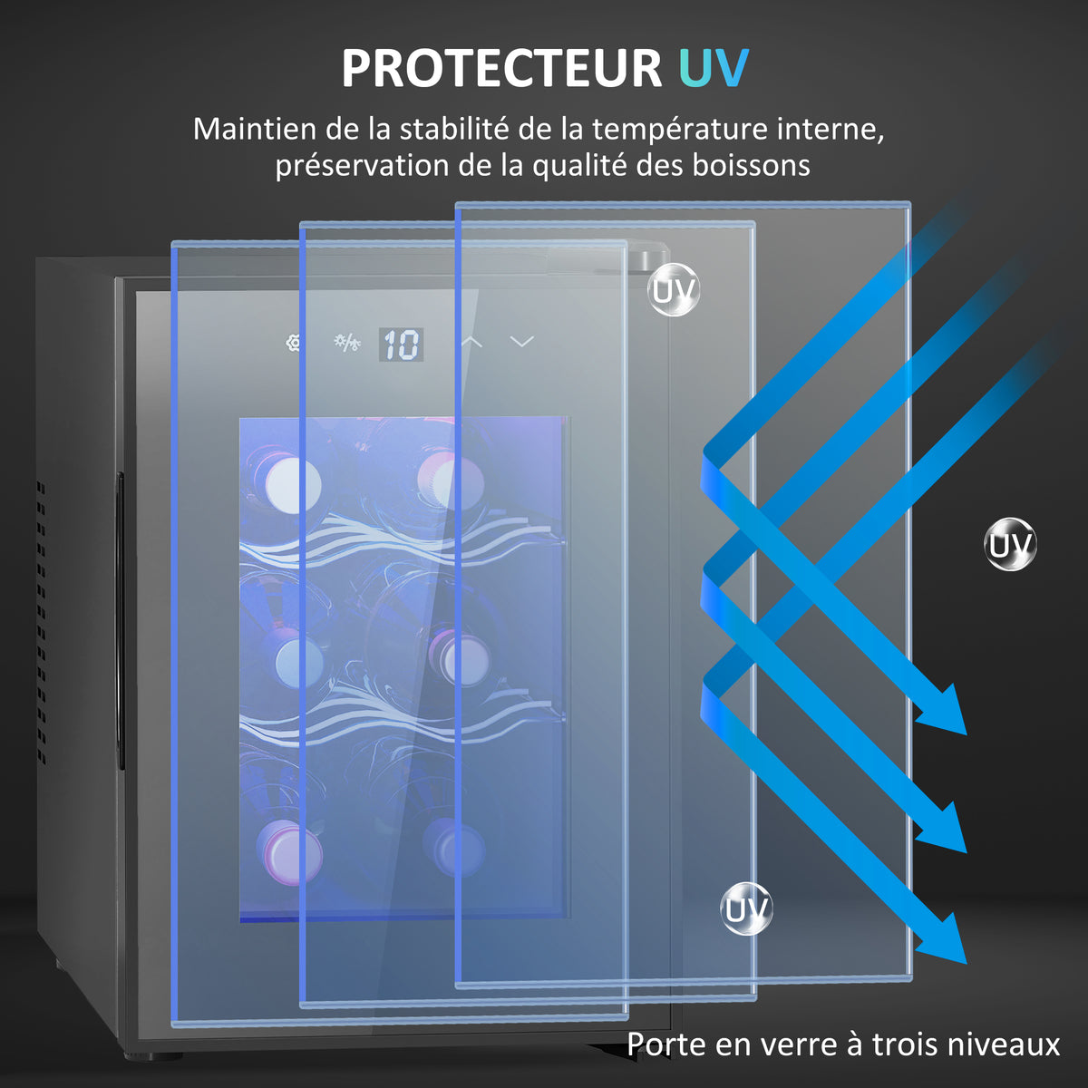 Cave à vin 6 bouteilles 17L haute performance température réglable 8-18° avec lumière LED panneau contrôle tactile noir-7