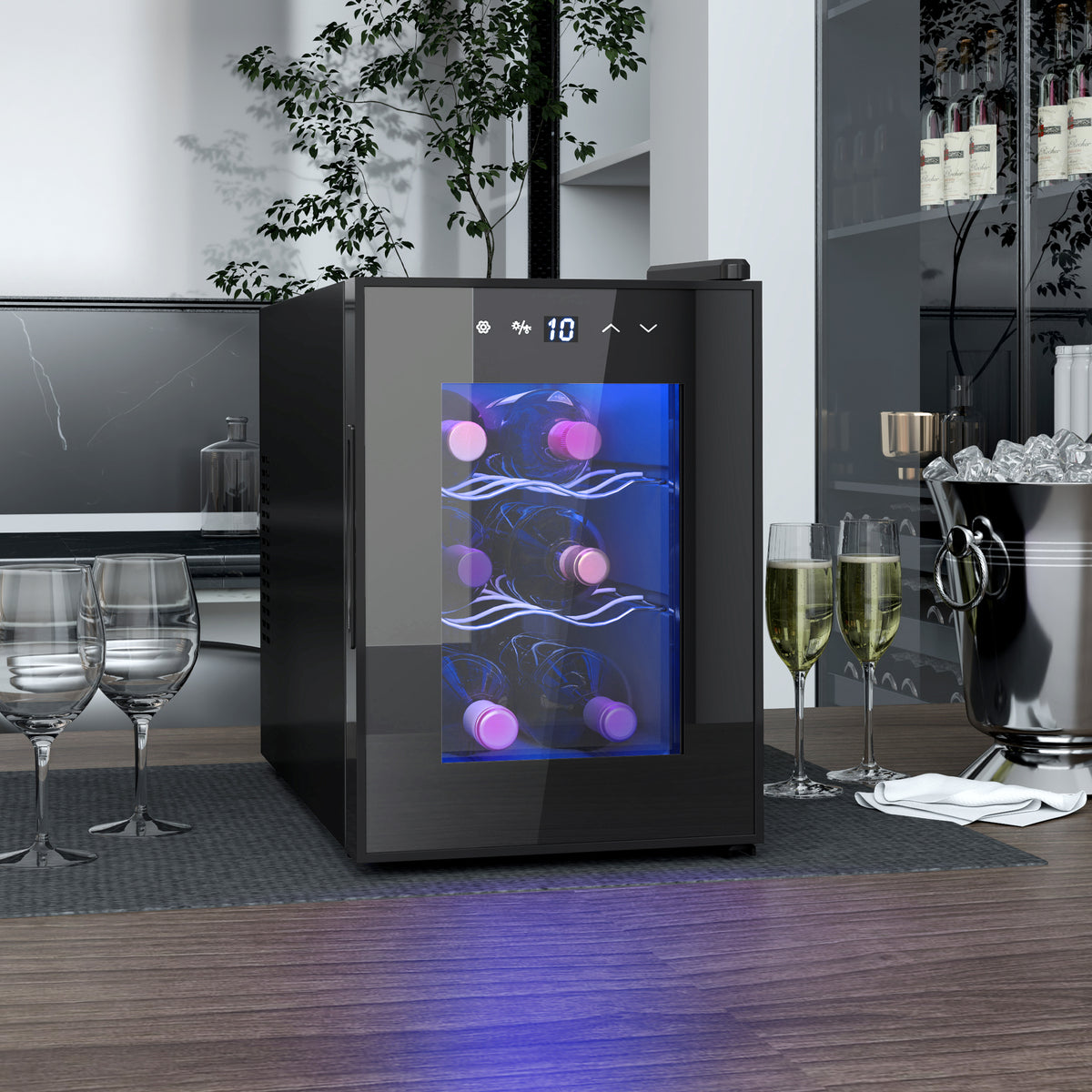Cave à vin 6 bouteilles 17L haute performance température réglable 8-18° avec lumière LED panneau contrôle tactile noir-1
